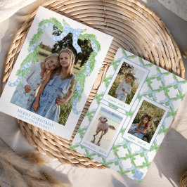 Waterverf Christmas Blue Bow Garland Foto Feestdagenkaart