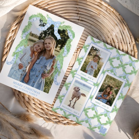 Waterverf Christmas Blue Bow Garland Foto Feestdagenkaart