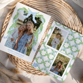 Waterverf Christmas Blue Bow Garland Foto Feestdagenkaart