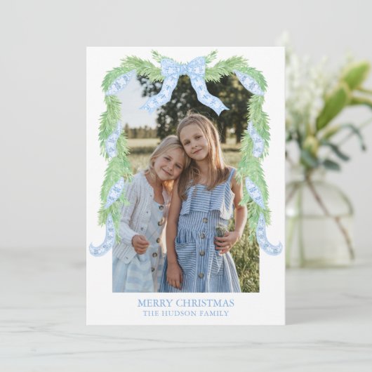 Waterverf Christmas Blue Bow Garland Foto Feestdagenkaart (Staand voorkant)