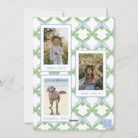 Waterverf Christmas Blue Bow Garland Foto Feestdagenkaart (Achterkant)