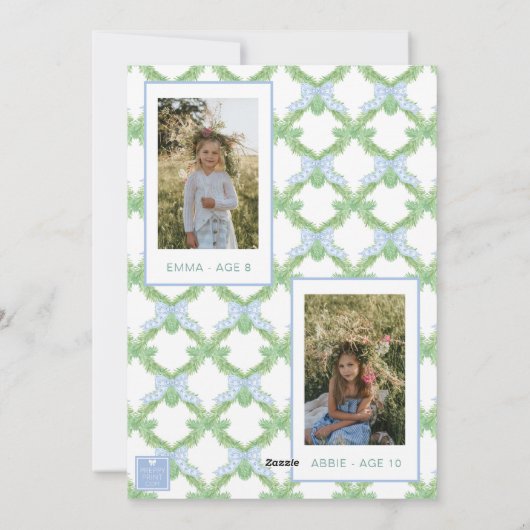 Waterverf Christmas Blue Bow Garland Foto Feestdagenkaart (Achterkant)