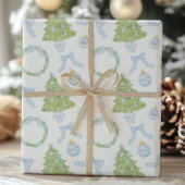 Waterverf Christmas Blue Bow Ginger Jar Trees Cadeaupapier