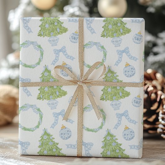 Waterverf Christmas Blue Bow Ginger Jar Trees Cadeaupapier