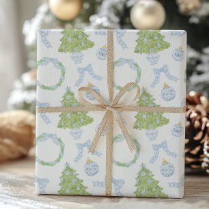 Waterverf Christmas Blue Bow Ginger Jar Trees Inpakpapier Vel