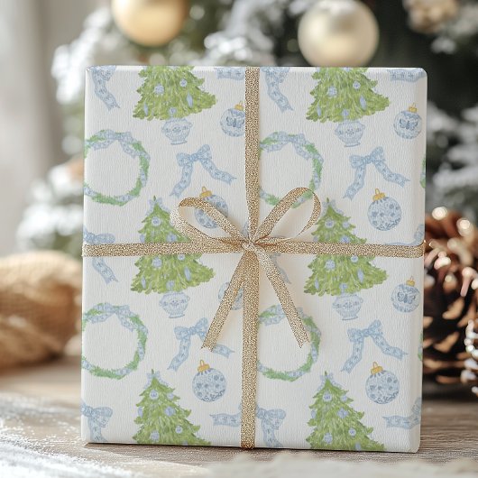 Waterverf Christmas Blue Bow Ginger Jar Trees Inpakpapier Vel