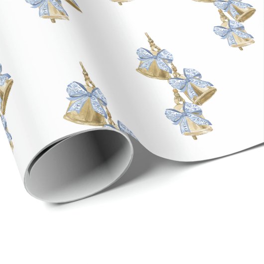 Waterverf Christmas Blue Chinoiserie Bow Bells Cadeaupapier (Rol Hoek)