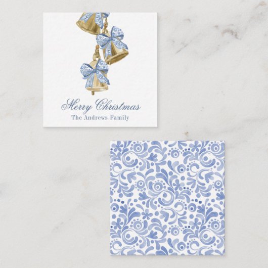 Waterverf Christmas Blue Chinoiserie Bow Bells Notitiekaartje (Voorkant / Achterkant)