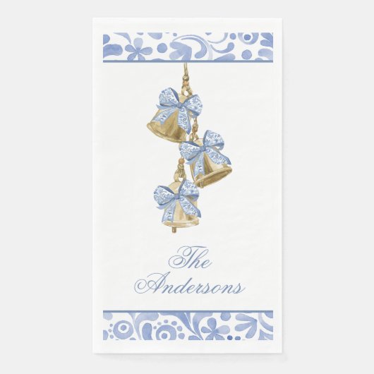 Waterverf Christmas Blue Chinoiserie Bow Bells Servet (Voorkant)