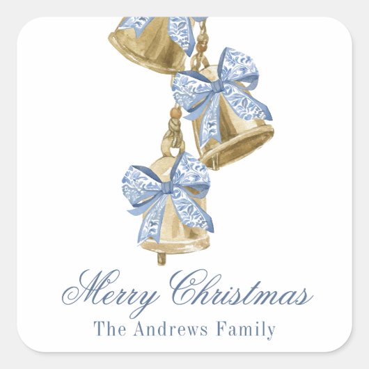 Waterverf Christmas Blue Chinoiserie Bow Bells Vierkante Sticker (Voorkant)