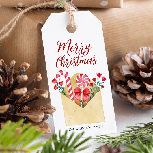 Waterverf Christmas Candy Cane en Bloemen Cadeaulabel