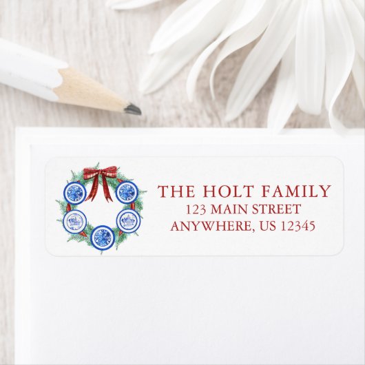 Waterverf Christmas Chinoiserie Borden krans Etiket (Insitu)