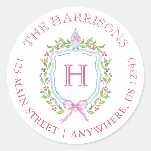 Waterverf Christmas Chinoiserie Monogram Crest Ronde Sticker (Voorkant)