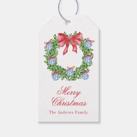 Waterverf Christmas Chinoiserie Ornament krans Cadeaulabel (Voorkant)