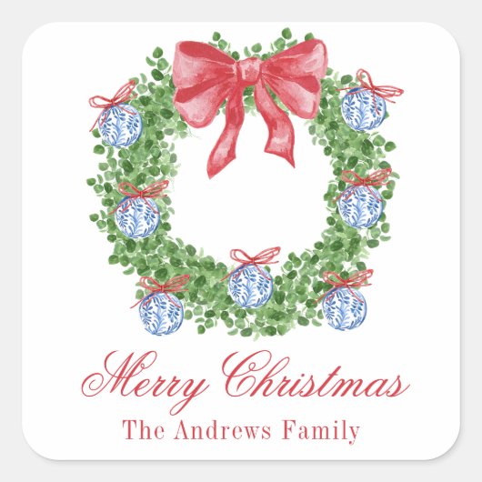 Waterverf Christmas Chinoiserie Ornament krans Vierkante Sticker (Voorkant)
