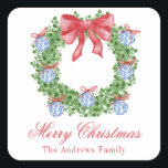 Waterverf Christmas Chinoiserie Ornament krans Vierkante Sticker<br><div class="desc">PreppyPrint.com - Vier Kerstmis in stijl! Voeg uw persoonlijke touch toe. Breng dit ontwerp ook over op de producten van uw keuze! Bezoek mijn designerwinkel,  PreppyPrint.com,  voor het coördineren van items.</div>