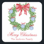 Waterverf Christmas Chinoiserie Ornament krans Vierkante Sticker<br><div class="desc">PreppyPrint.com - Vier Kerstmis in stijl! Voeg uw persoonlijke touch toe. Breng dit ontwerp ook over op de producten van uw keuze! Bezoek mijn designerwinkel,  PreppyPrint.com,  voor het coördineren van items.</div>