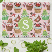 Waterverf Christmas Cupcakes Monogram Theedoek (Gevouwen)