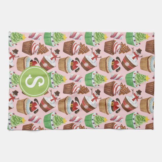 Waterverf Christmas Cupcakes Monogram Theedoek (Horizontaal)
