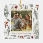 Waterverf Christmas Foliage Gold Typography Foto Keramisch Ornament (Voorkant)