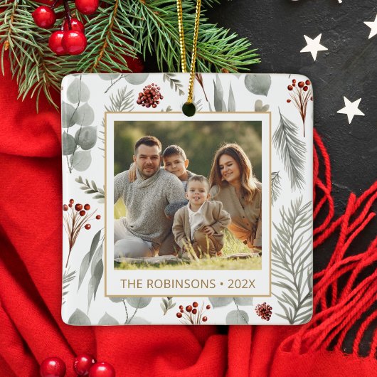 Waterverf Christmas Foliage Gold Typography Foto Keramisch Ornament