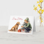 Waterverf Christmas Golden Retriever met Boy Kaart (Gele Bloem)