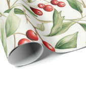 Waterverf Christmas Green Holly met rode bessen Cadeaupapier (Rol Hoek)