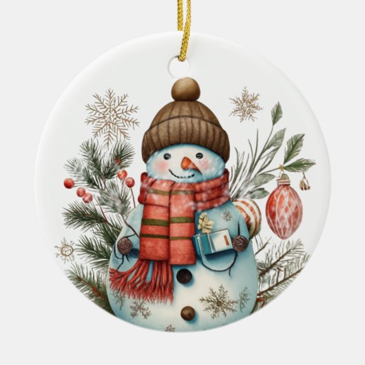 waterverf Christmas Holiday snowman Voeg bericht t Keramisch Ornament (Voorkant)