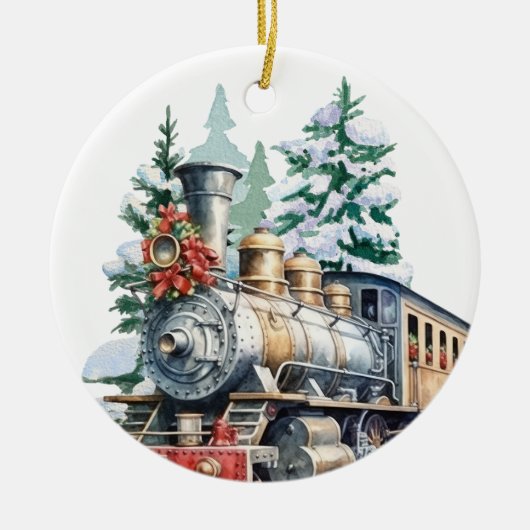 waterverf Christmas Holiday train voeg bericht toe Keramisch Ornament (Voorkant)