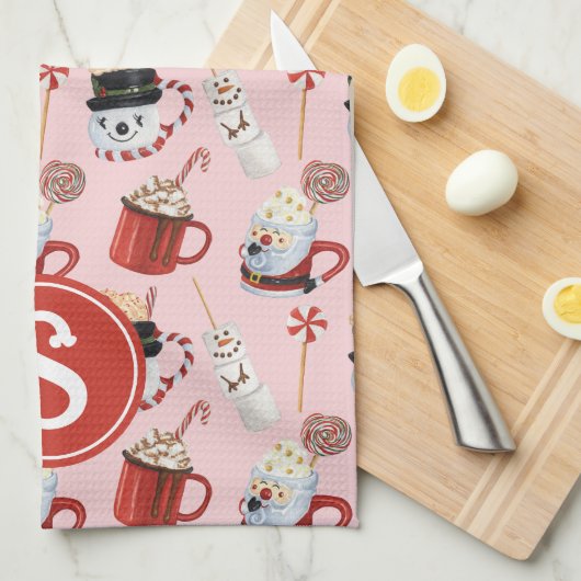 Waterverf Christmas Hot Chocolate Cocoa Monogram Theedoek (Quarter Fold)