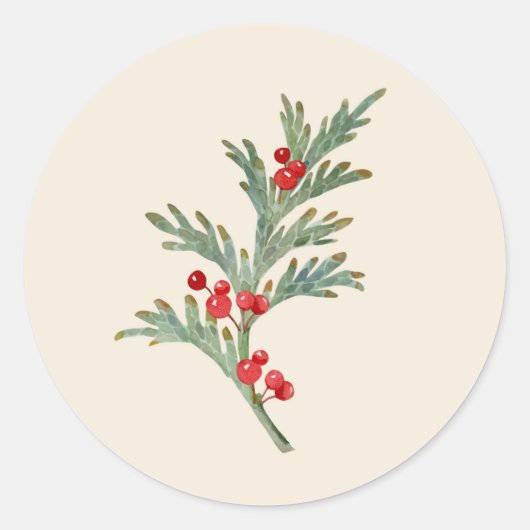 Waterverf Christmas Juniper Branch met bessen Ronde Sticker (Voorkant)