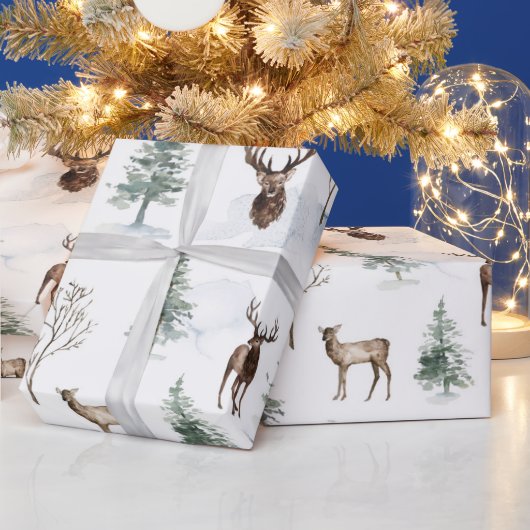Waterverf Christmas Pine Tree & Reindeer Cadeaupapier (Feestdagen)