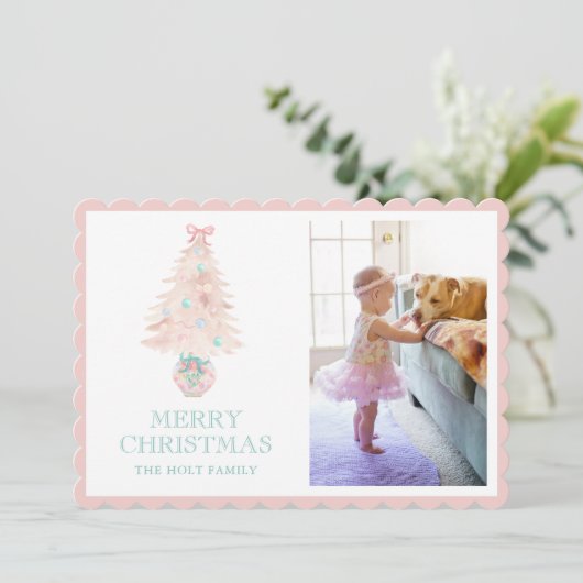 Waterverf Christmas Pink Grandmillennial Foto Feestdagenkaart (Staand voorkant)