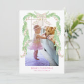 Waterverf Christmas Pink Green Bow Garland Foto Feestdagenkaart (Staand voorkant)