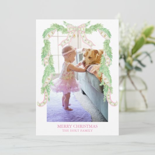 Waterverf Christmas Pink Green Bow Garland Foto Feestdagenkaart (Staand voorkant)