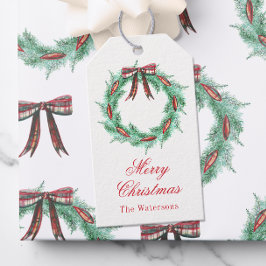 Waterverf Christmas Plaid Bow Krans Cadeaulabel