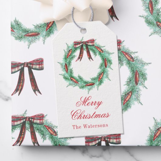 Waterverf Christmas Plaid Bow Krans Cadeaulabel