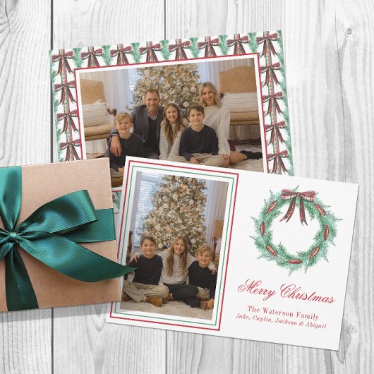 Waterverf Christmas Plaid Bow Krans Foto Feestdagenkaart