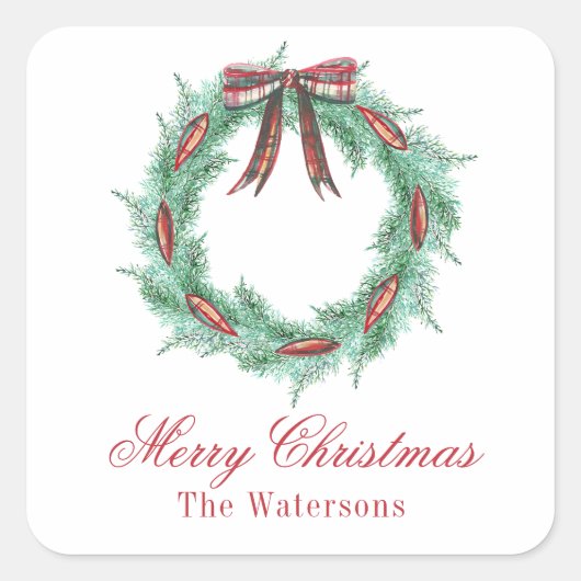 Waterverf Christmas Plaid Bow Krans Vierkante Sticker (Voorkant)