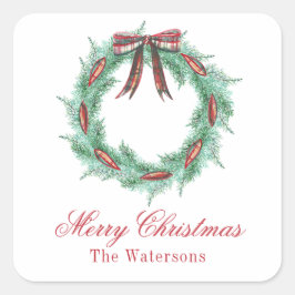 Waterverf Christmas Plaid Bow Krans Vierkante Sticker