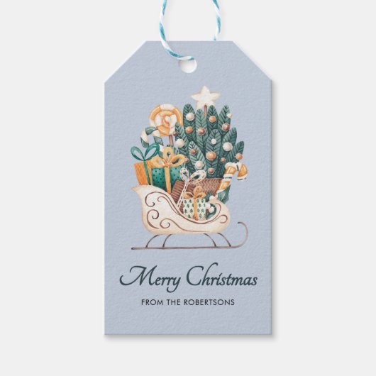 Waterverf Christmas Sleighs Holiday Blue Cadeaulabel (Voorkant)