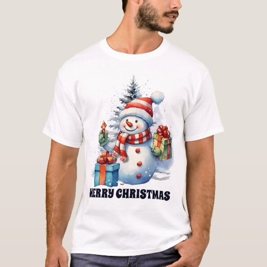 Waterverf Christmas Snowman tekst unisex toevoegen T-shirt (Voorkant)