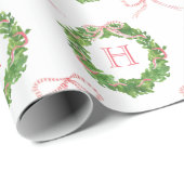 Waterverf Christmas Striped Bow Monogram Krans Cadeaupapier (Rol Hoek)