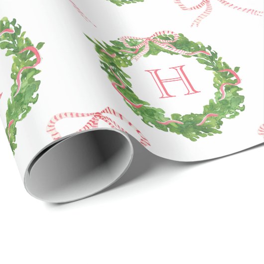 Waterverf Christmas Striped Bow Monogram Krans Cadeaupapier (Rol Hoek)