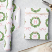 Waterverf Christmas Striped Bow Monogram Krans Cadeaupapier