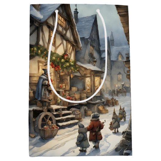 Waterverf Christmas Village Medium Cadeauzakje (Voorkant)