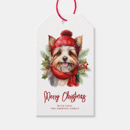 Waterverf Christmas Yorkie Dog Cadeaulabel (Voorkant)