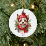 Waterverf Christmas Yorkie Dog Foto Keramisch Ornament<br><div class="desc">Sweet waterverf stijl illustratie van een schattige pomeraanse hond met een rode sjaal en pet op een achtergrond van kerstgroen. Personaliseer de achterkant met de foto van uw huisdier.</div>