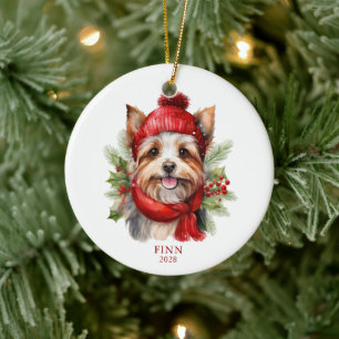 Waterverf Christmas Yorkie Dog Foto Keramisch Ornament