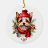 Waterverf Christmas Yorkie Dog Foto Keramisch Ornament (Voorkant)
